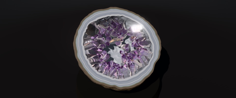 A cut amethyst geode grown in Crystalline: violet quartz points inside a banded agate rim
