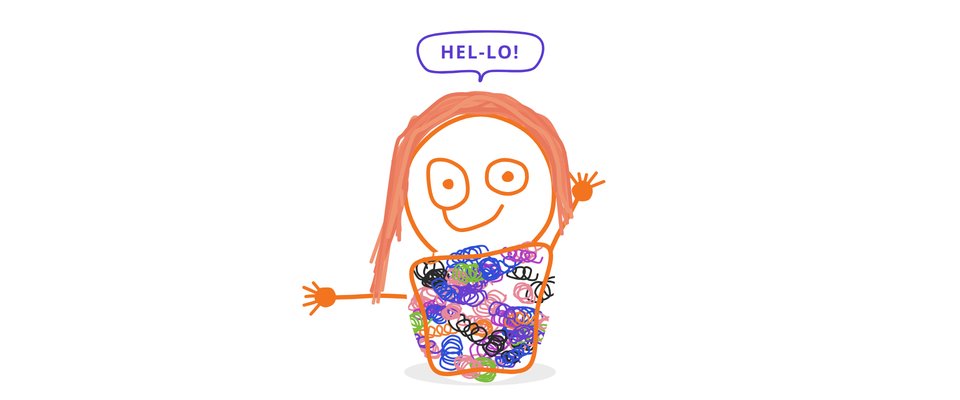 A child's marker drawing of a smiling figure with scribbly orange hair and a rainbow scribble shirt, waving hello