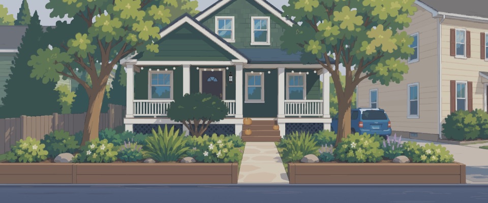 A drawing of a green house with trees and a porch
