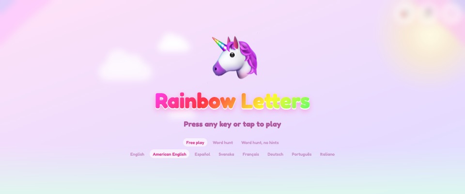 Rainbow Letters title screen with a unicorn