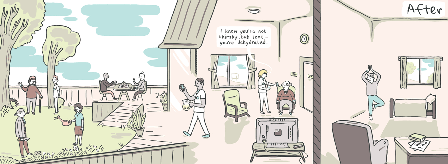 The same care home with hydration tracking: a carer can see a resident is dehydrated, and residents are active outside.