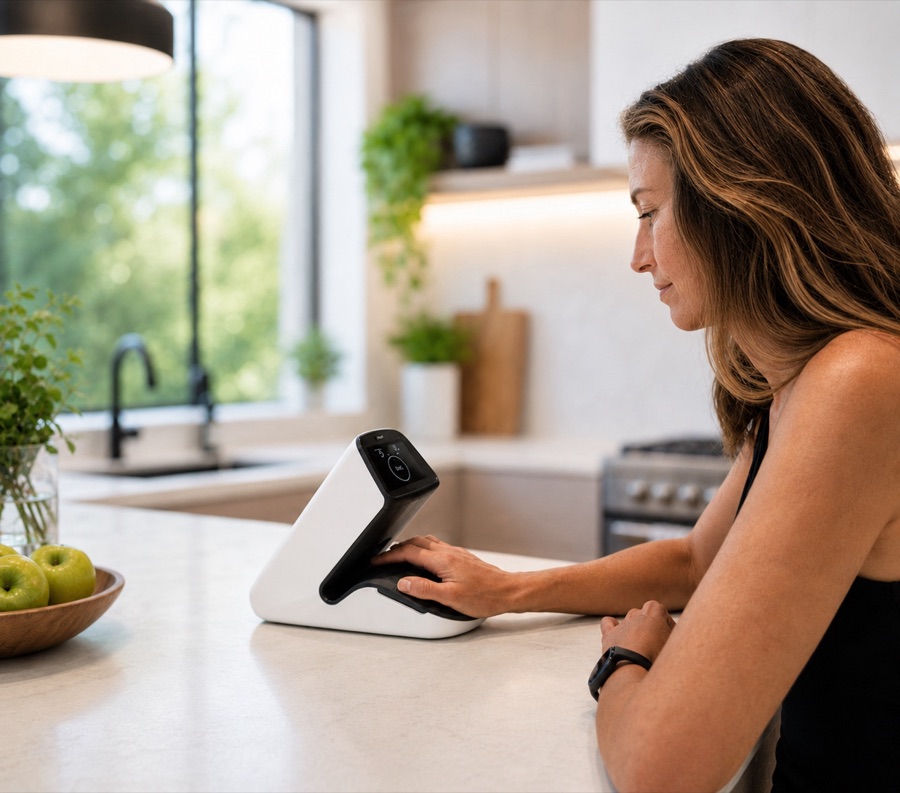 A person using the PointCheck device on a kitchen counter at home